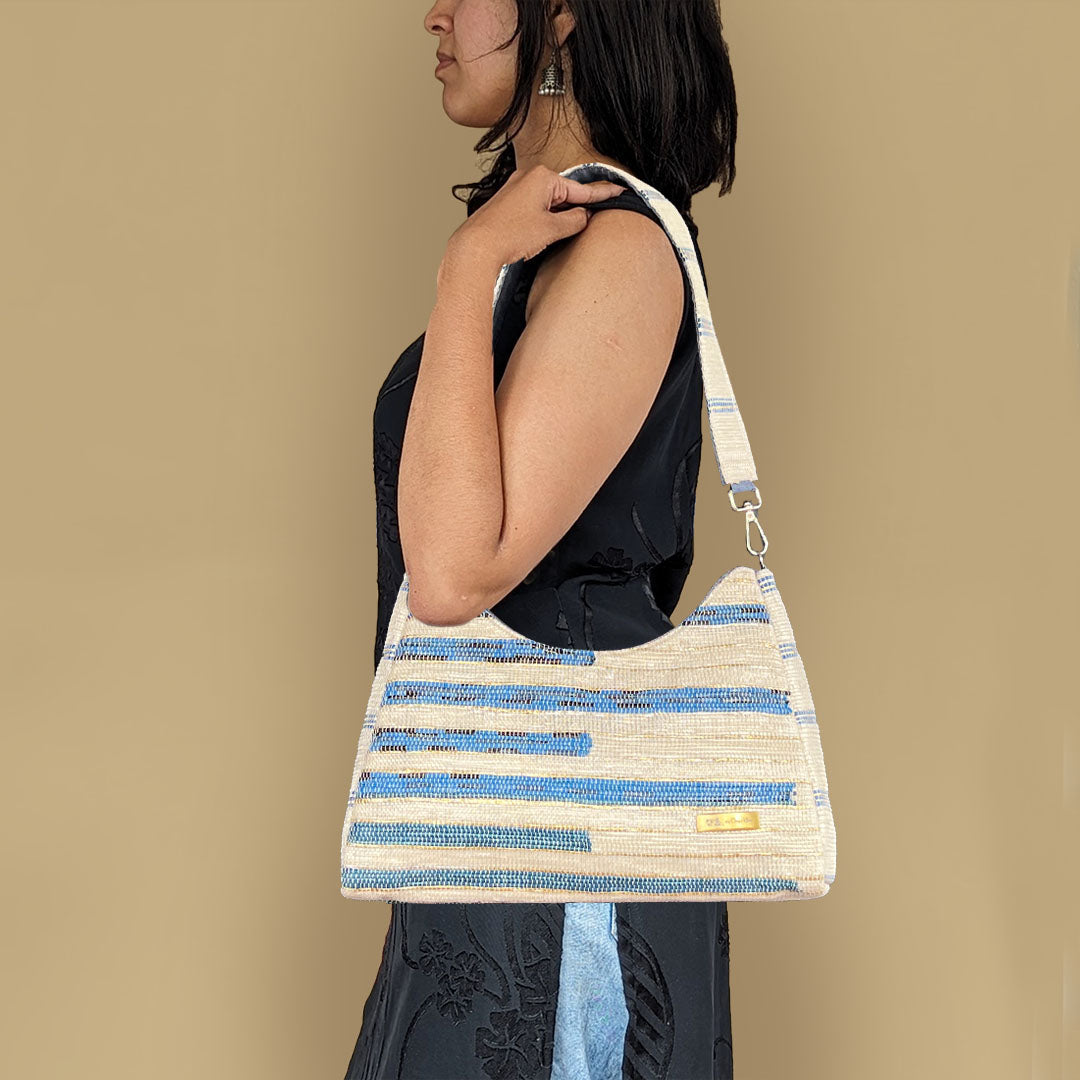Shimmery Golden White Blue Designer Upcycled Handwoven Baguette Bag (BTBD1124-005) PS_W