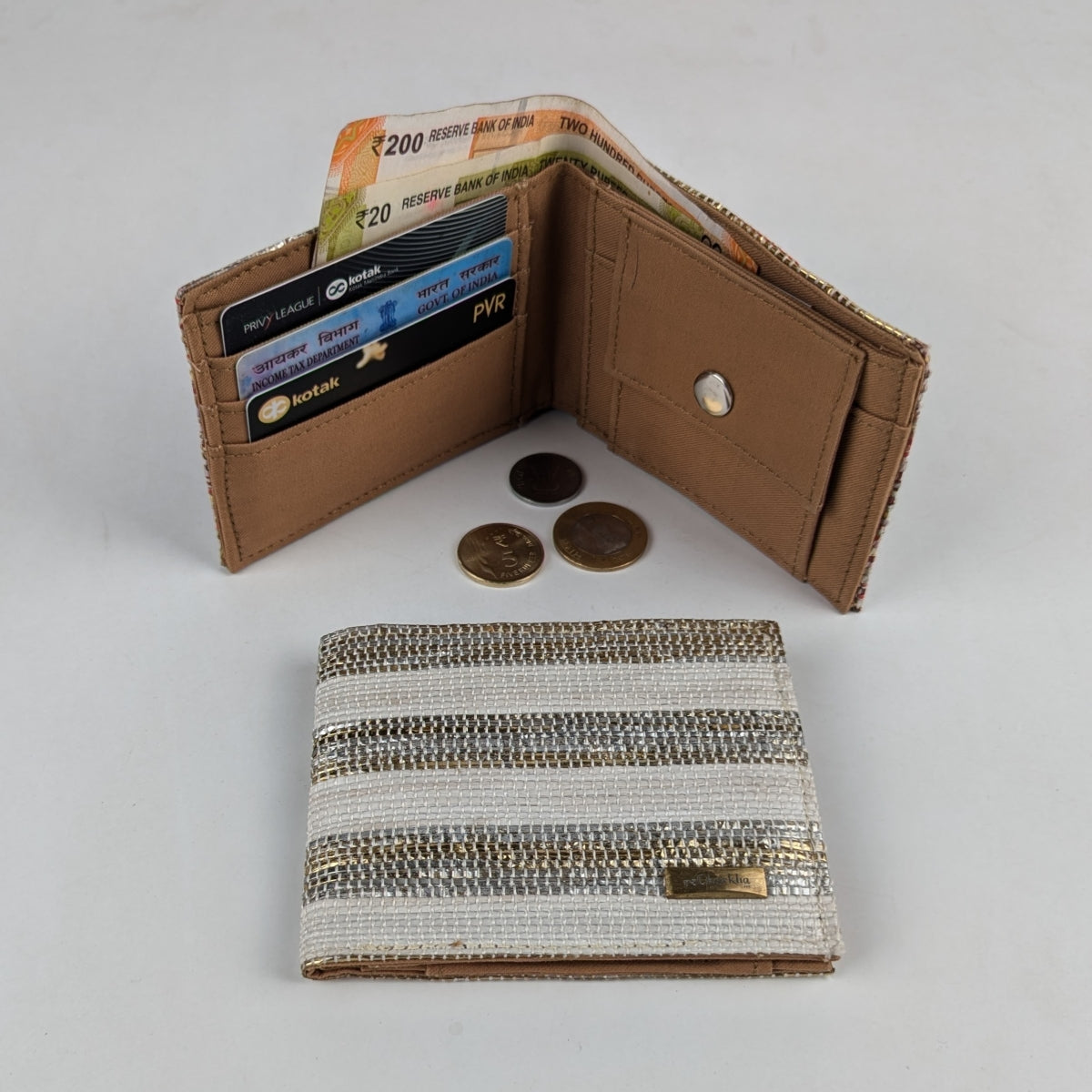 Shimmery Golden White Striped Upcycled Handcrafted Wallet (W0225-007) PS_W