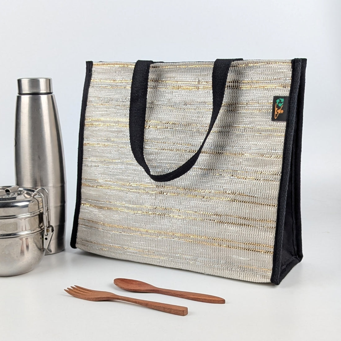 Shimmery Golden White Striped Upcycled Handwoven Lunch Bag (LB0225-002) PS_W