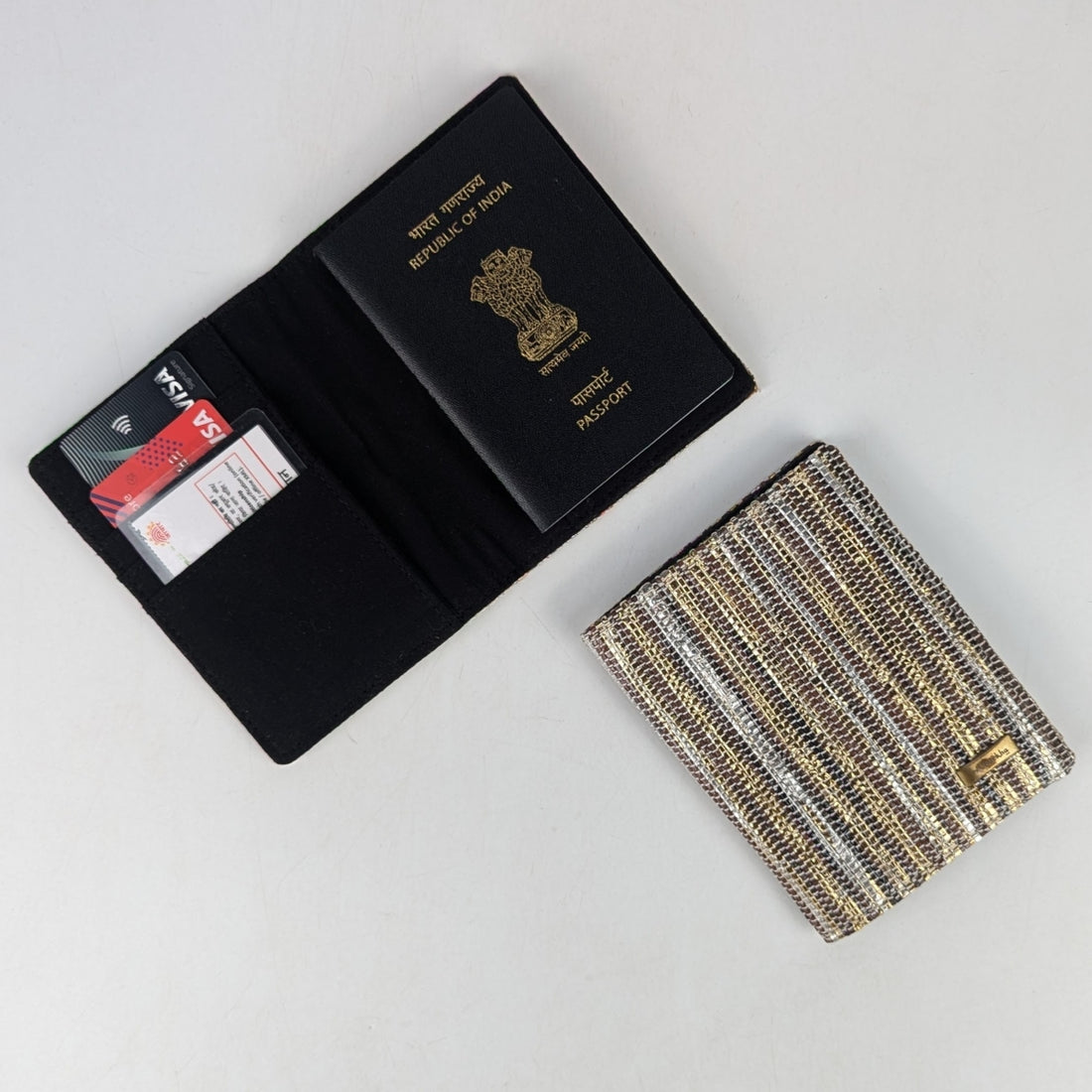 Shimmery Golden White Striped Upcycled Handwoven Passport Cover (PC0624-003) PS_W