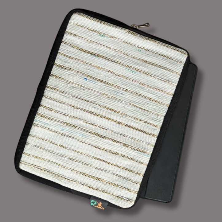 Shimmery Golden White Striped Upcycled Handwoven Tablet Sleeve (TS1224-007) PS_W
