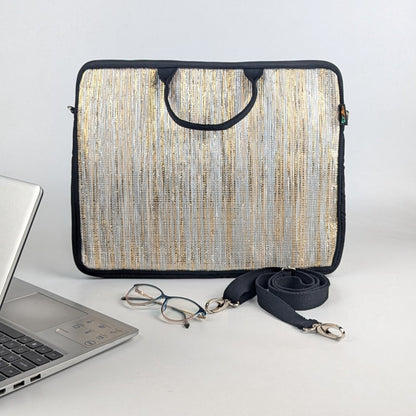 Shimmery Golden White Upcycled Handwoven Laptop Sleeve 16 inch (LSB160225-005) PS_W
