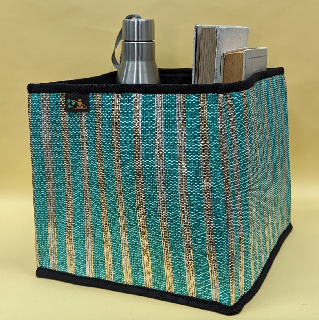 Shimmery Golden and Green Striped Upcycled Handwoven Collapsible Storage Basket Medium (CSBM0824-015) PS_W