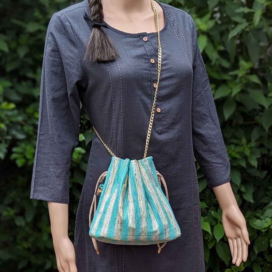 Shimmery Golden and Green Striped Upcycled Handwoven Potli Sling (PS0824-014)