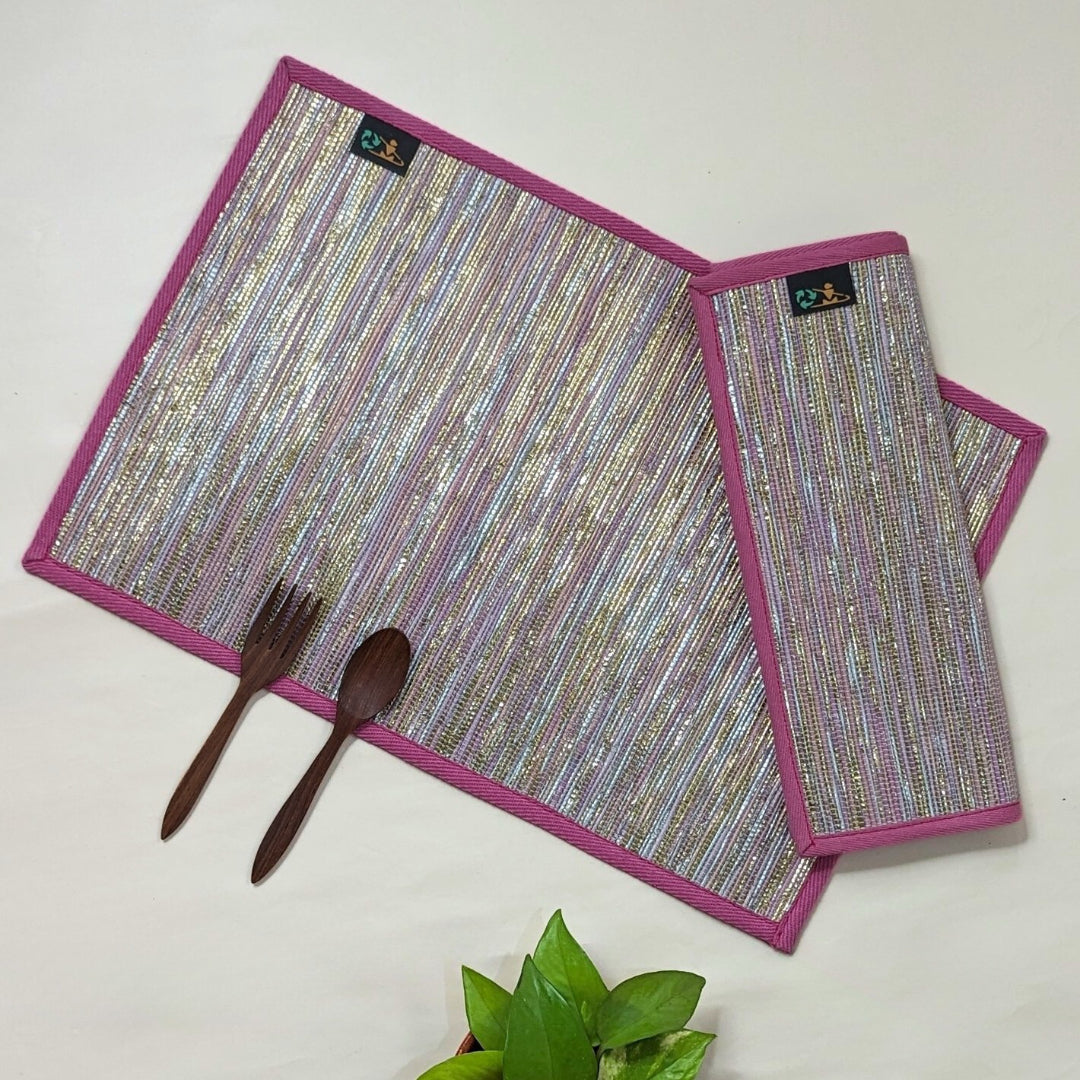 Shimmery Golden and Pink Upcycled Handwoven Table Mat (Set of 2) (TM0724-004) PS_W