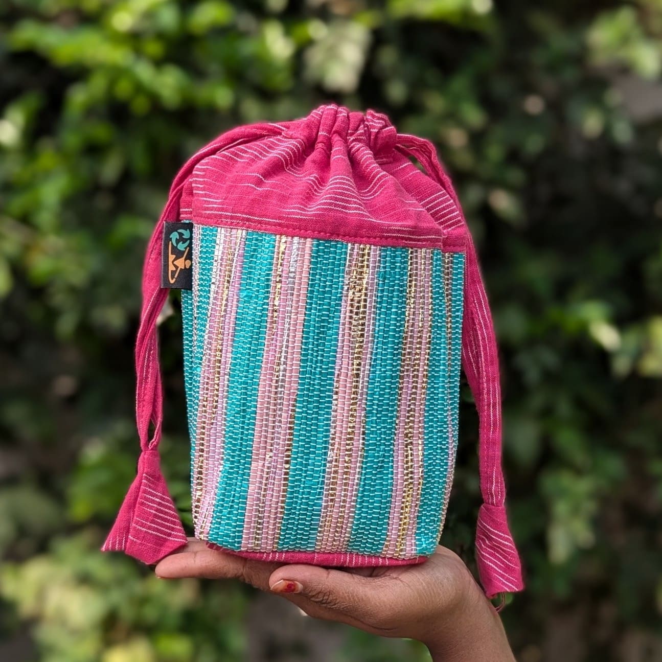 Shimmery Green Golden Pink Striped Upcycled Handwoven Potli Bag (P1124-011) PS_W