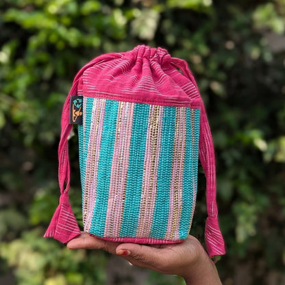 Shimmery Green Golden Pink Striped Upcycled Handwoven Potli Bag (P1124-011) PS_W