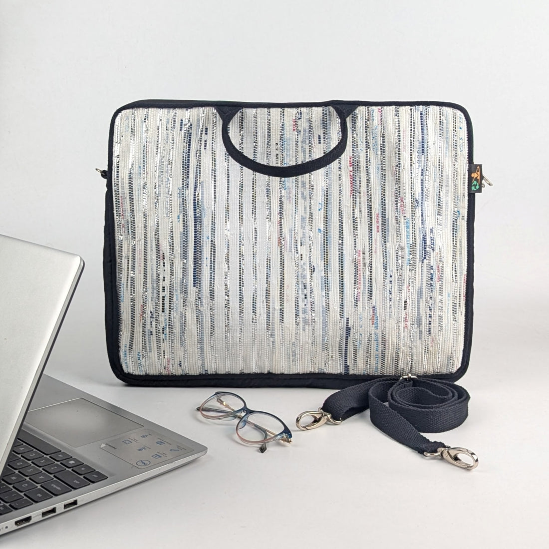 Shimmery Multicolored Striped Upcycled Handwoven Laptop Sleeve 16 inch (LSB161124-002) PS_W