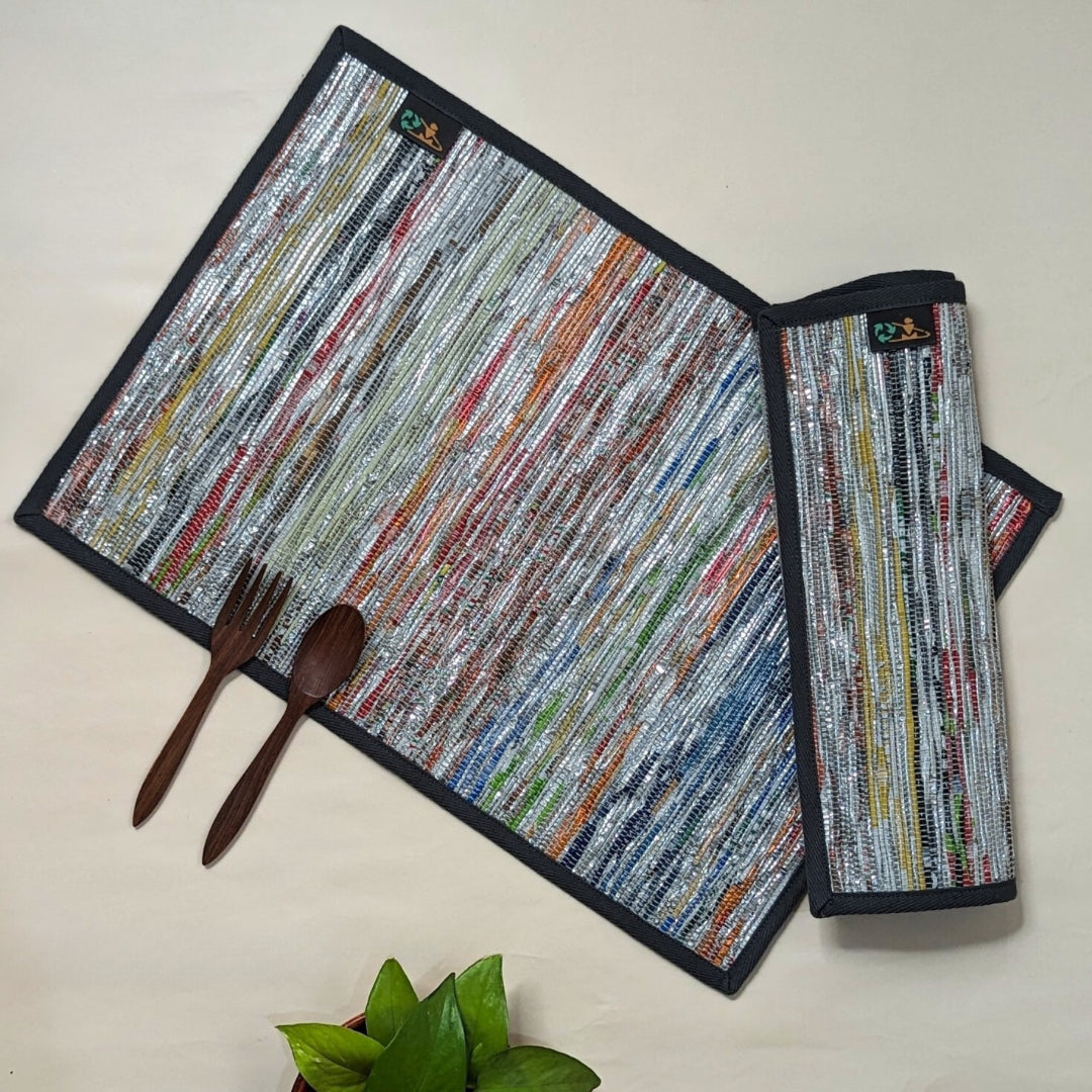 Shimmery Multicolored Upcycled Handwoven Table Mat (Set of 2) (TM0724-006) PS_W