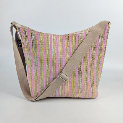 Shimmery Pink Golden Striped   Upcycled Handwoven Eclipse Jhola Tote (EJ0325-013) PS_W