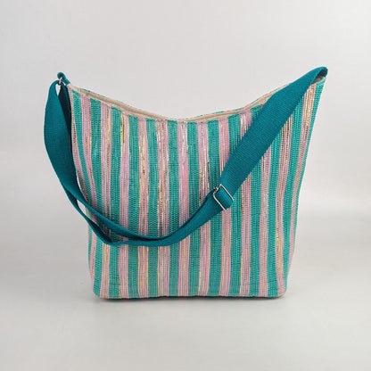 Shimmery Pink Green Striped   Upcycled Handwoven Eclipse Jhola Tote (EJ0325-009) PS_W