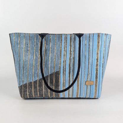 Shimmery Silver Blue Black Upcycled Handwoven Designer Office Tote (OTD0225-001) PS_W
