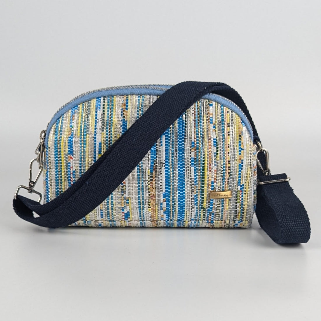 Shimmery Silver Blue White Upcycled Handwoven Taco Sling (TSL0125-001) PS_W