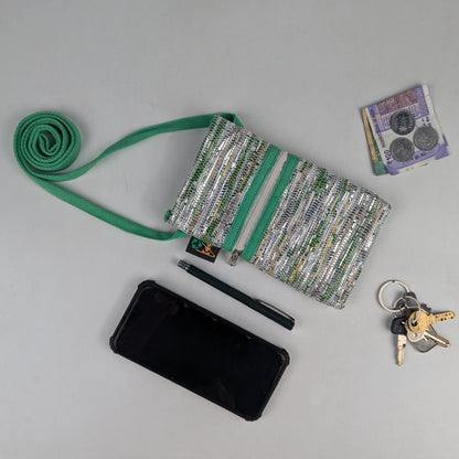 Shimmery Silver Green Upcycled Handwoven Mobile Sling (MSL0325-003) PS_W