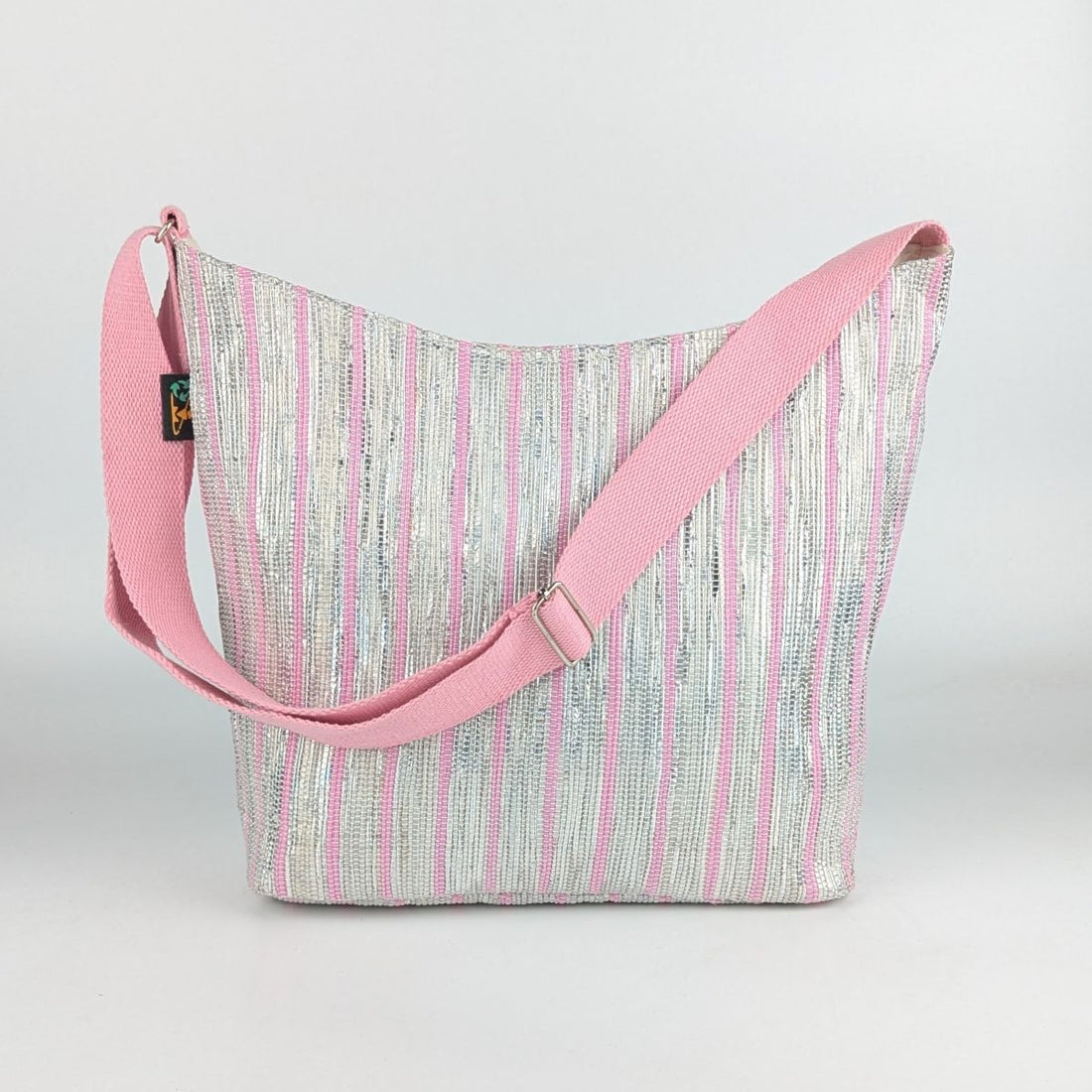 Shimmery Silver Pink Striped Upcycled Handwoven Eclipse Jhola Tote (EJ0125-014) PS_W