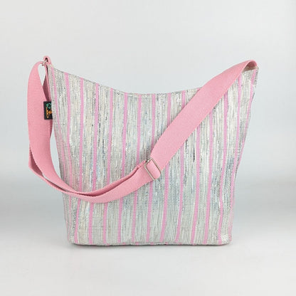 Shimmery Silver Pink Striped Upcycled Handwoven Eclipse Jhola Tote (EJ0125-014) PS_W