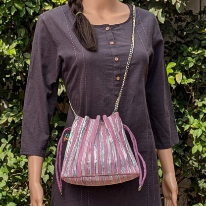 Shimmery Silver Pink Striped Upcycled Handwoven Potli Sling (PS1224-006) PS_W