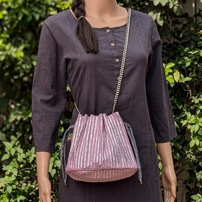Shimmery Silver Pink Striped Upcycled Handwoven Potli Sling (PS1224-009) PS_W
