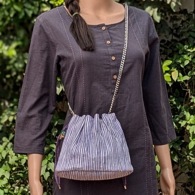 Shimmery Silver Purple Striped Upcycled Handwoven Potli Sling (PS1224-008) PS_W