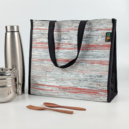 Shimmery Silver Red Upcycled Handwoven Lunch Bag (LB0225-009) PS_W