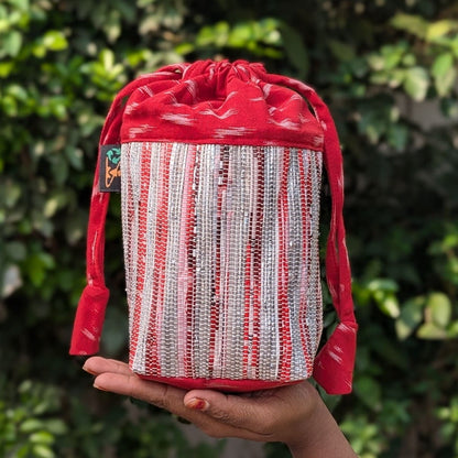 Shimmery Silver Red Upcycled Handwoven Potli Bag (P1124-003) PS_W
