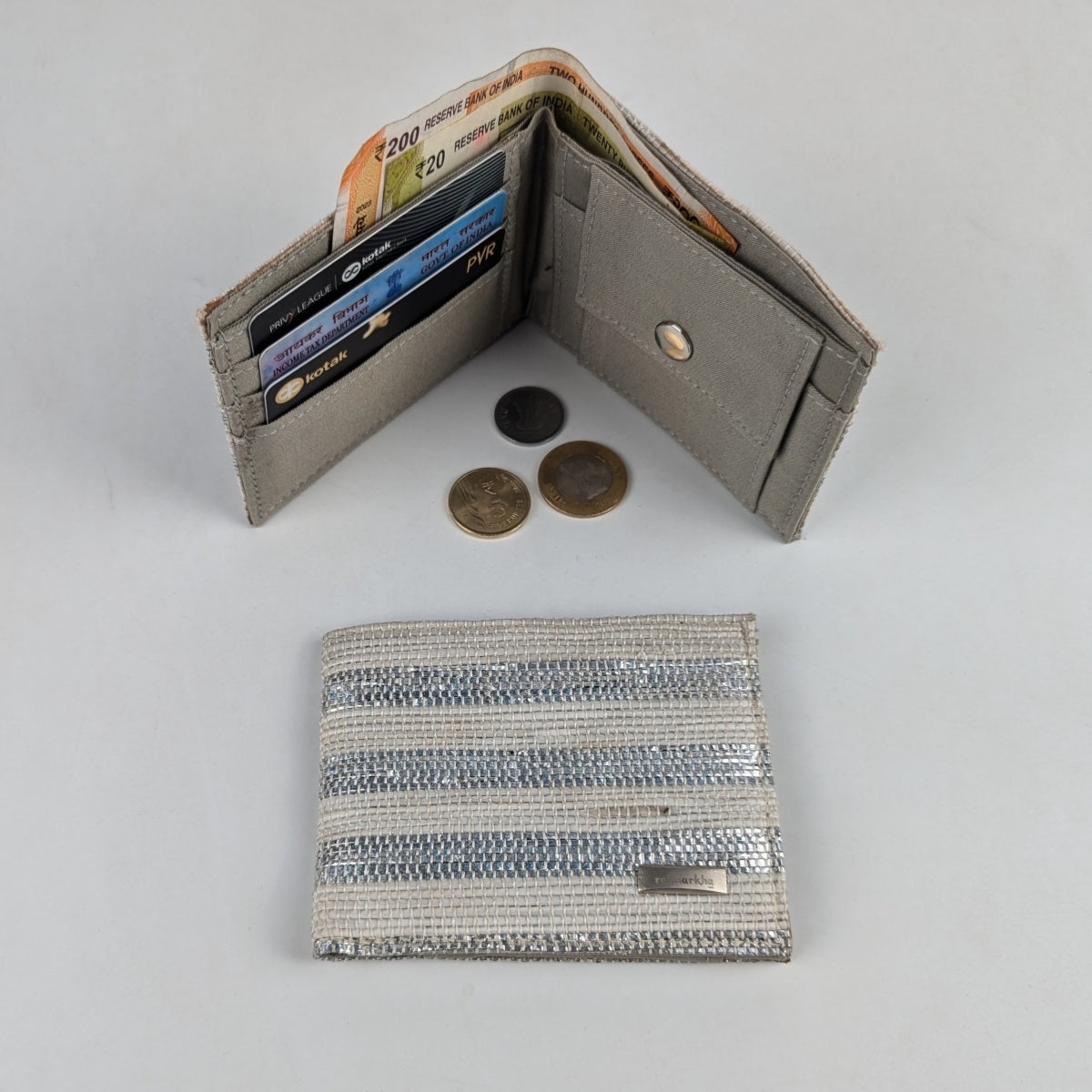 Shimmery Silver White Striped Upcycled Handcrafted Wallet (W0225-002) PS_W