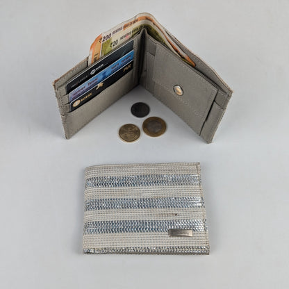 Shimmery Silver White Striped Upcycled Handcrafted Wallet (W0225-002) PS_W