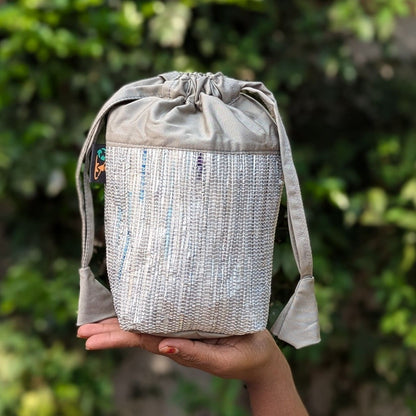 Shimmery Silver White Upcycled Handwoven Potli Bag (P1124-010) PS_W