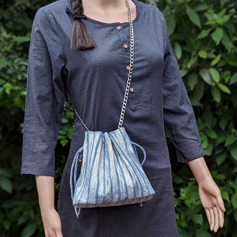 Shimmery Silver and Blue Striped Upcycled Handwoven Potli Sling (PS0824-003)