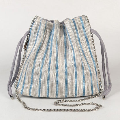 Shimmery Silver and Blue Striped Upcycled Handwoven Potli Sling (PS0824-003) PS_W