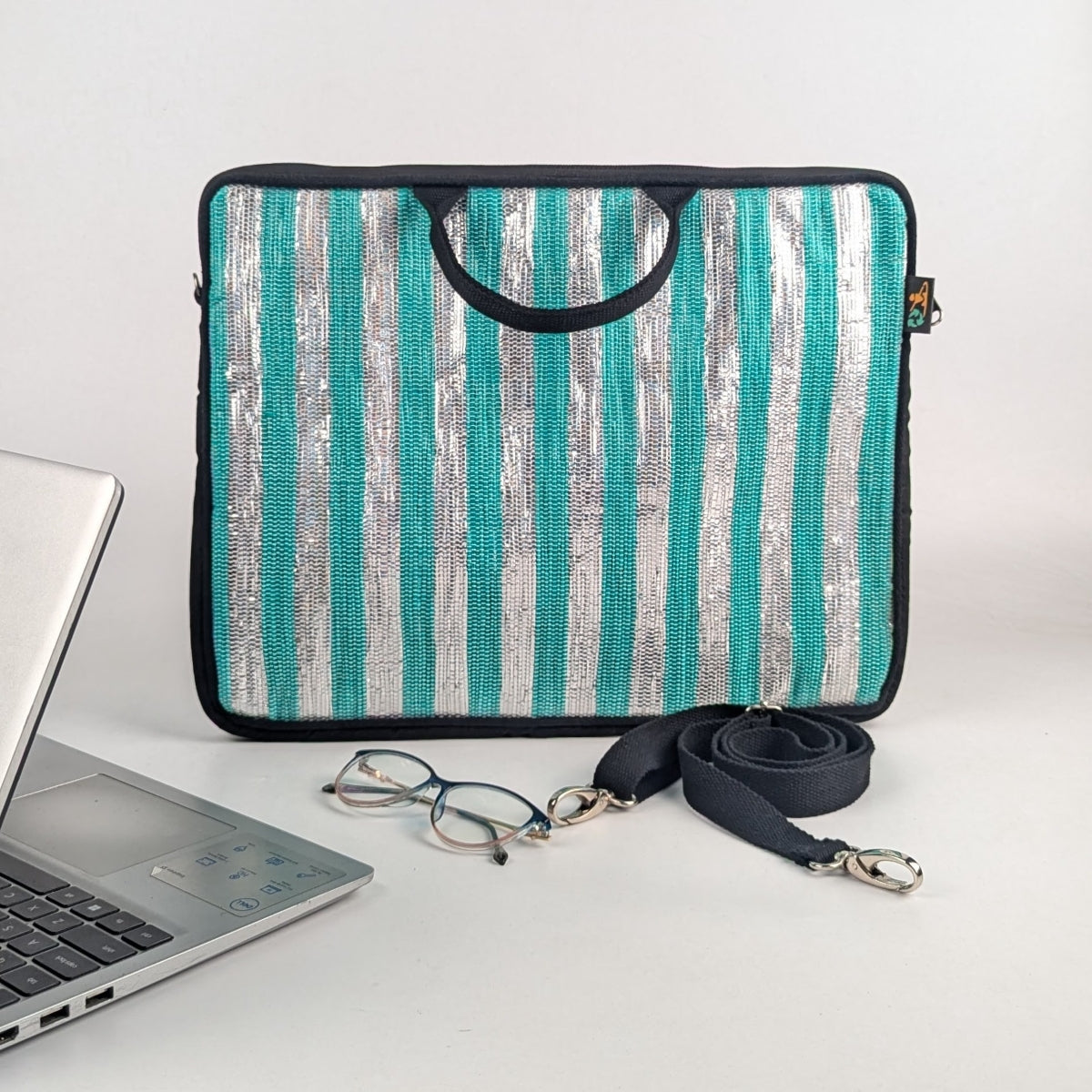 Shimmery Silver and Green Striped Upcycled Handwoven Laptop Sleeve 16 inch (LSB160225-006) PS_W