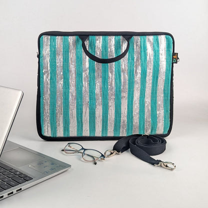 Shimmery Silver and Green Striped Upcycled Handwoven Laptop Sleeve 16 inch (LSB160225-006) PS_W