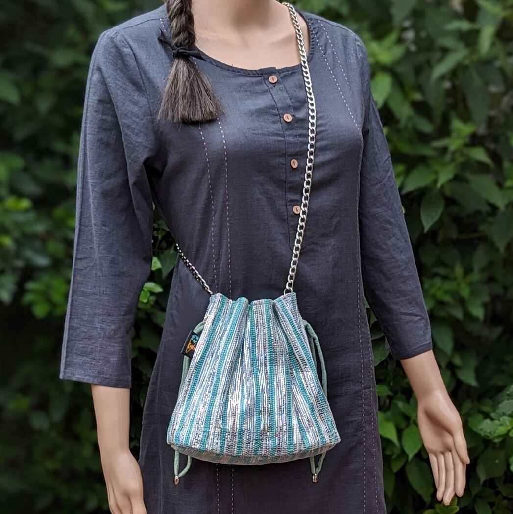 Shimmery Silver and Green Striped Upcycled Handwoven Potli Sling (PS0824-013)