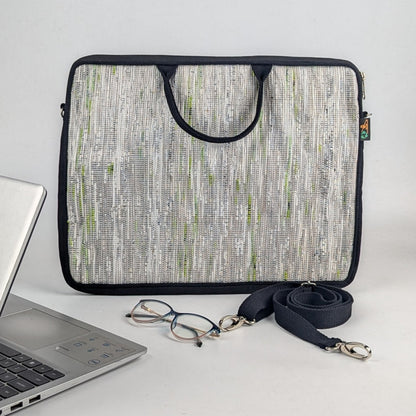 Shimmery Silver and Green Upcycled Handwoven Laptop Sleeve 16 inch (LSB160225-004) PS_W