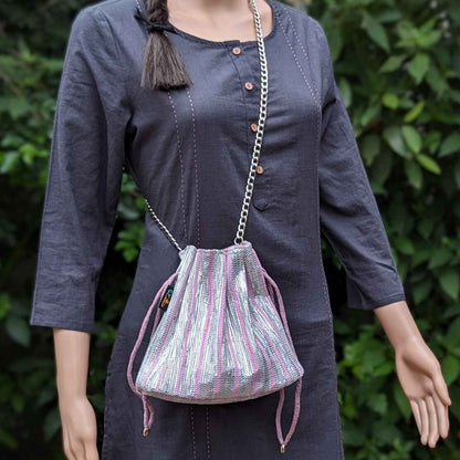 Shimmery Silver and Pink Striped Upcycled Handwoven Potli Sling (PS0824-002)