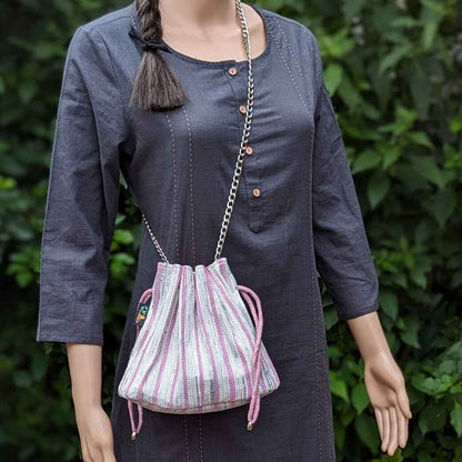 Shimmery Silver and Pink Striped Upcycled Handwoven Potli Sling (PS0824-015)