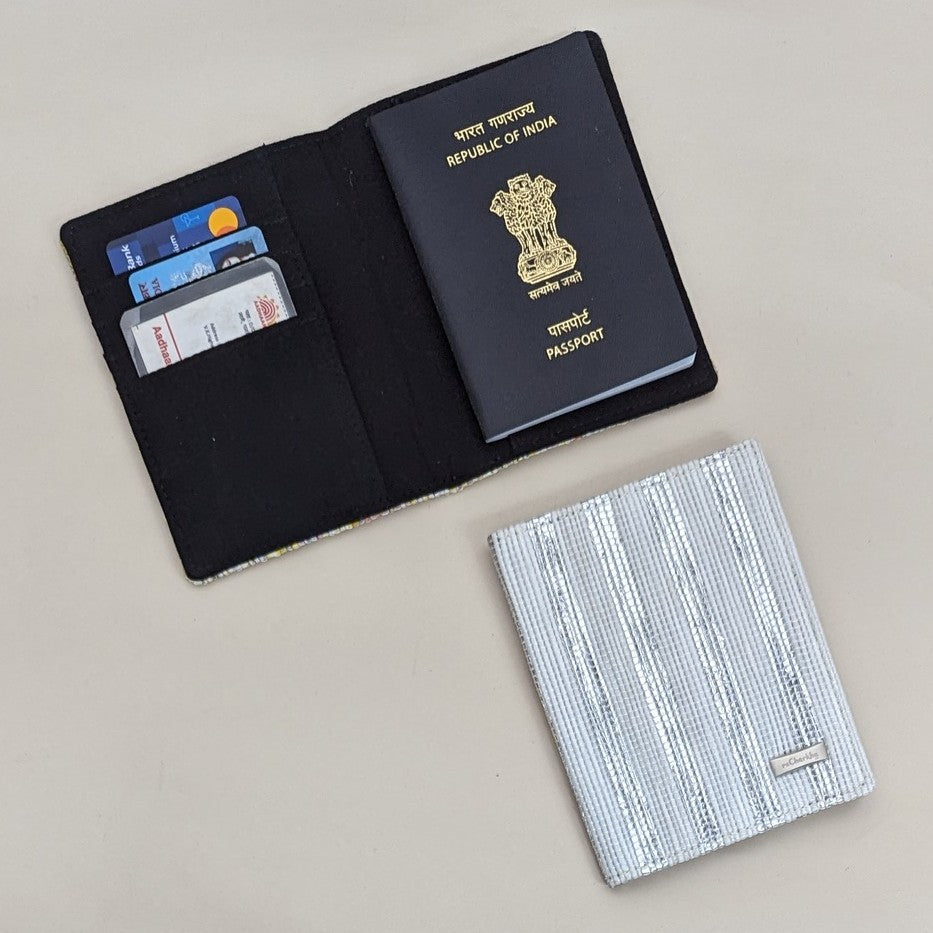 Shimmery Silver and White Striped Upcycled Handwoven Passport Cover (PC0624-006) PS_W