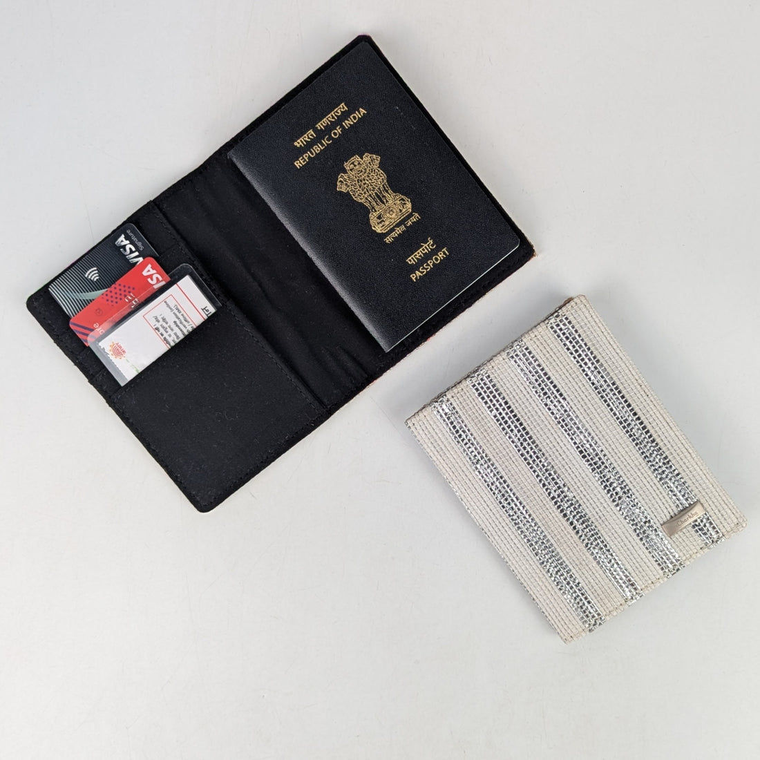 Shimmery Silver and White Striped Upcycled Handwoven Passport Cover (PC0624-006) PS_W
