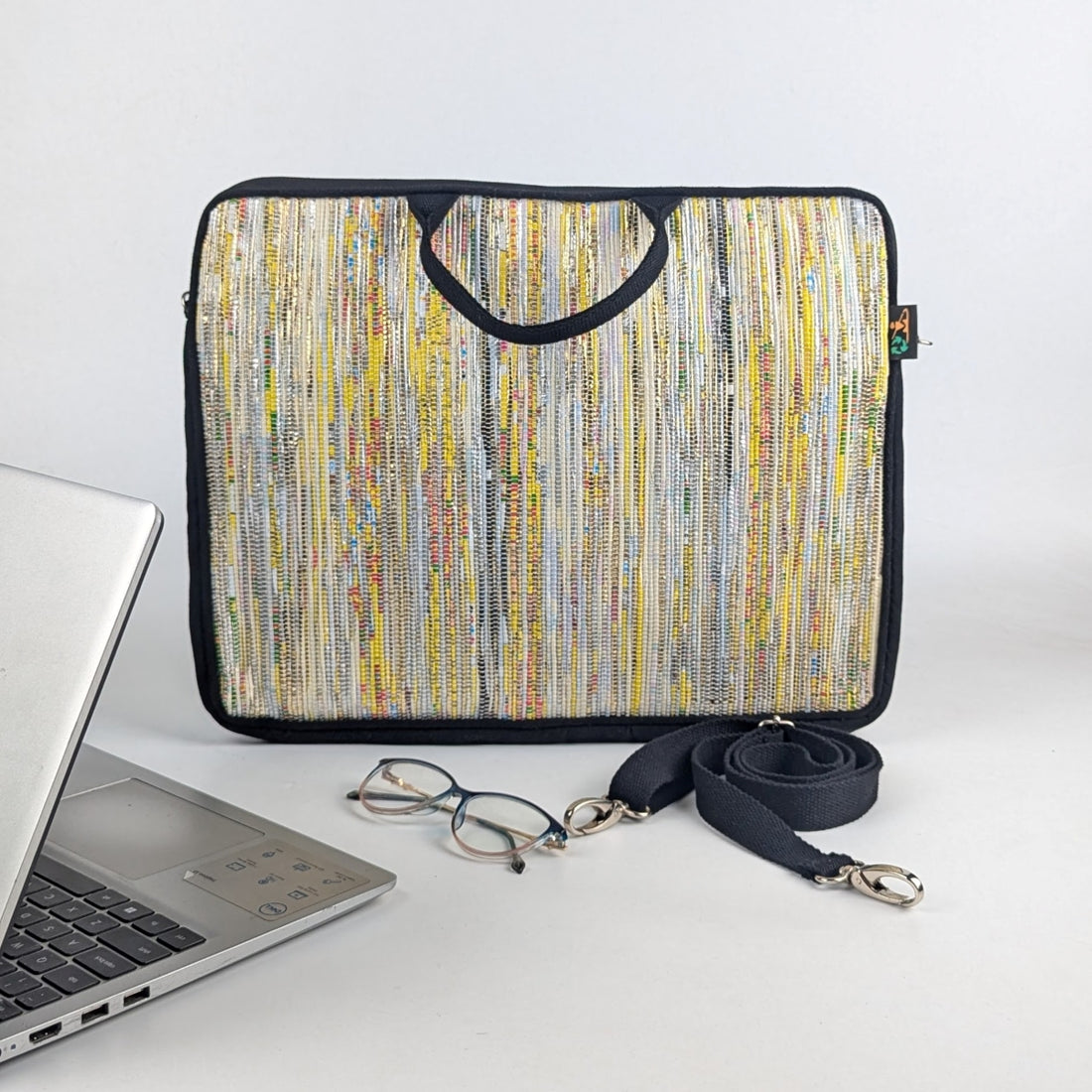 Shimmery Silver and Yellow Upcycled Handwoven Laptop Sleeve 16 inch (LSB160225-003) PS_W