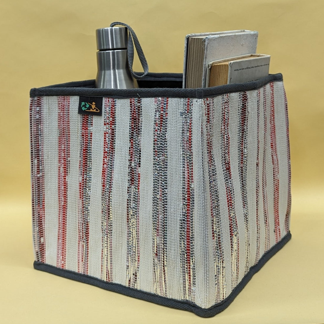 Shimmery Sliver Red and White Striped Upcycled Handwoven Collapsible Storage Basket Medium (CSBM0824-008) PS_W
