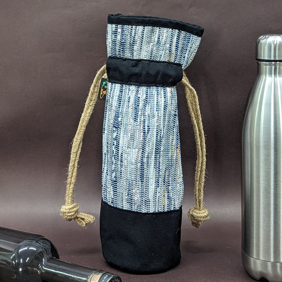 Shimmery Sliver and Blue Upcycled Handwoven Wine Bottle Holder (WB0724-013) PS_W