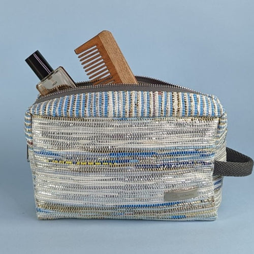 Silver Blue Waste Plastic Wrappers Upcycled Handwoven Travel Kit (TK0424-001)