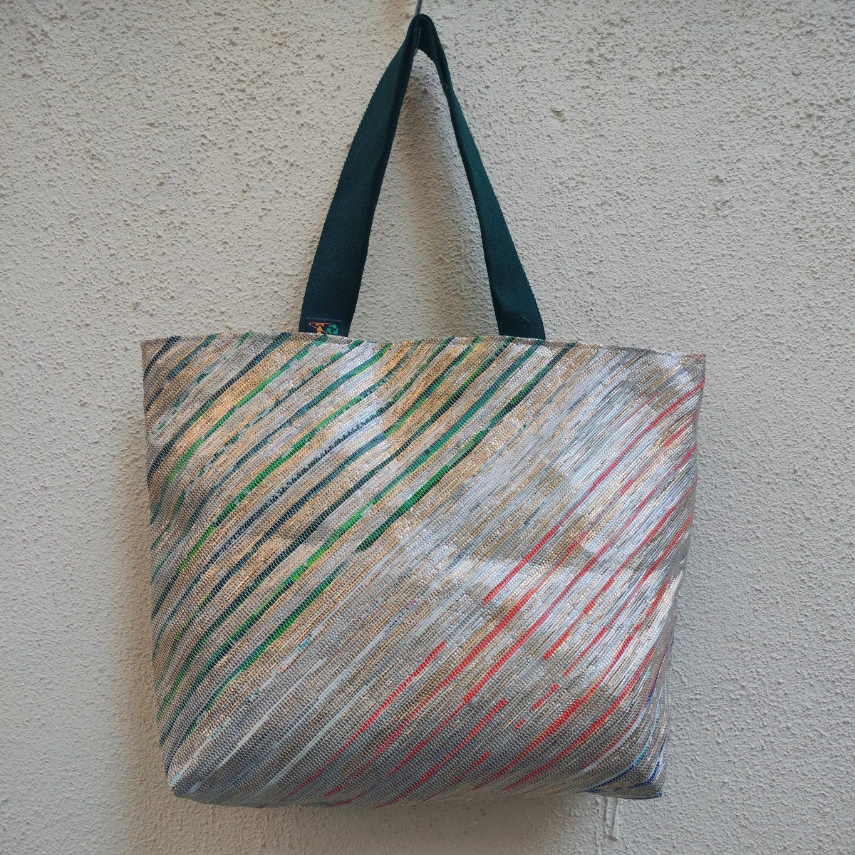 Silver Glitter with Red Green Stripes Upcycled Handwoven Beach Bag (BB0224-100) MS_W