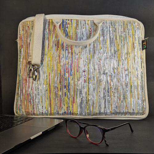Silver Glittery with Maggie Wrappers Upcycled HAndwoven Laptop Sleeve 16 inches (LSB16-0224-101)
