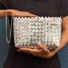 Silver White Waste Plastic Wrappers Upcycled Origami Handcrafted Basketry Clutch Sling (NBB0424-003)