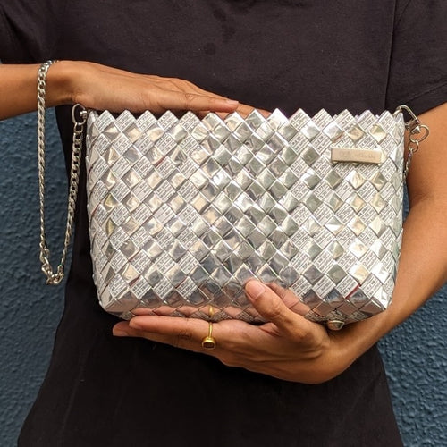 Silver White Waste Plastic Wrappers Upcycled Origami Handcrafted Basketry Clutch Sling (NBB0424-003)