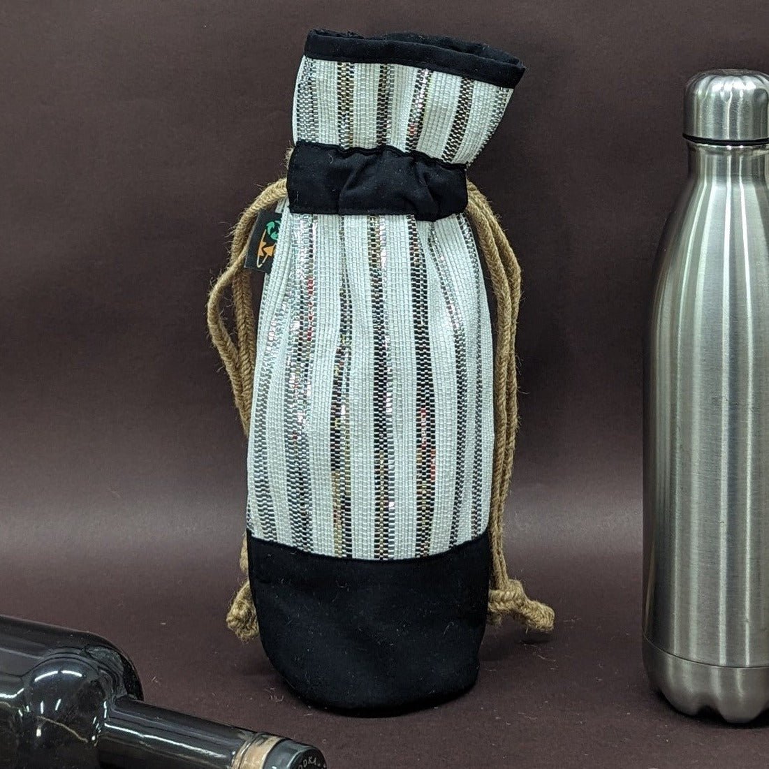 Silver Shimmery Brown and White Striped Upcycled Handwoven Wine Bottle Holder (WB0724-005) PS_W
