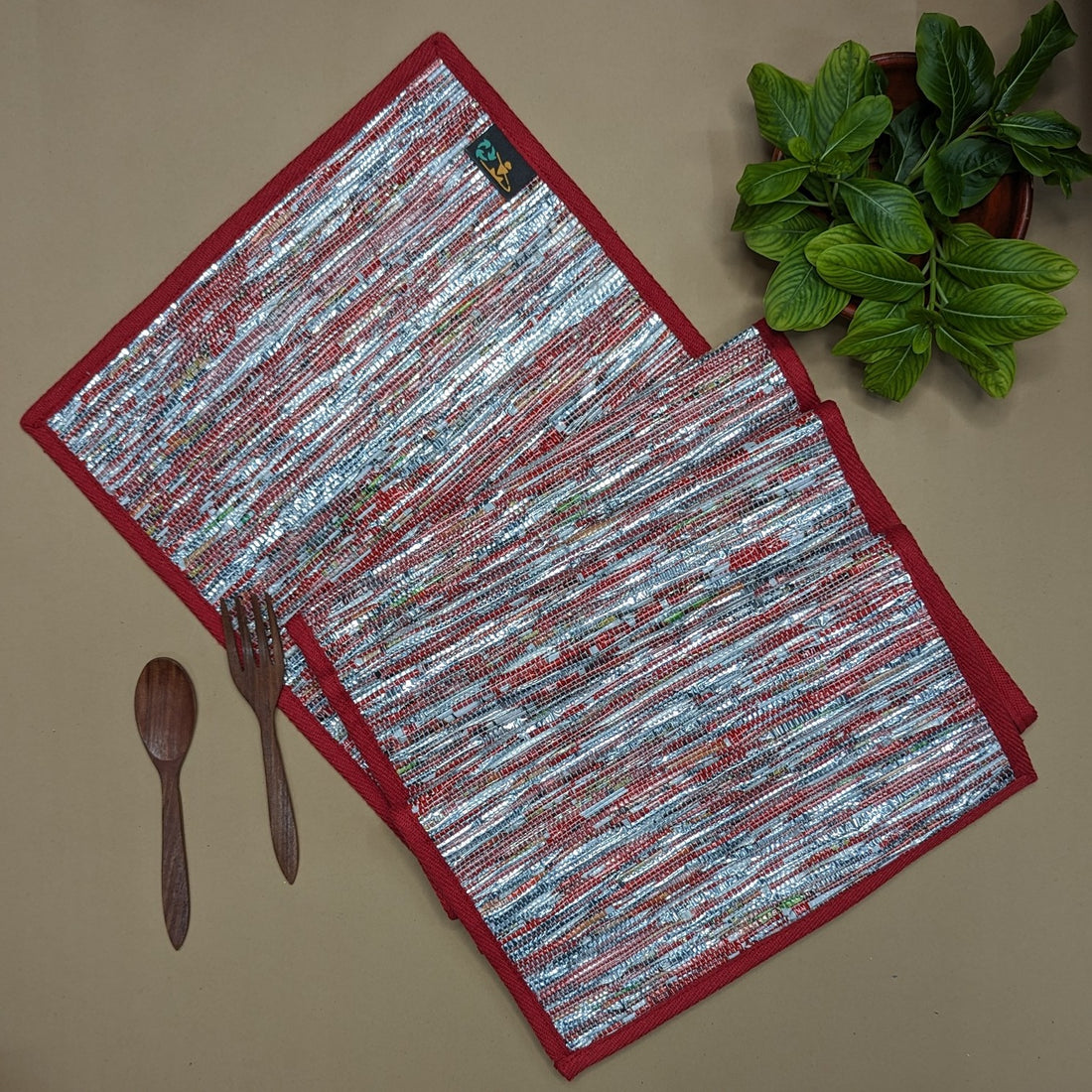 Silver Shimmery Orange Red Upcycled Handwoven Table Runner (TR0824-011) PS_W