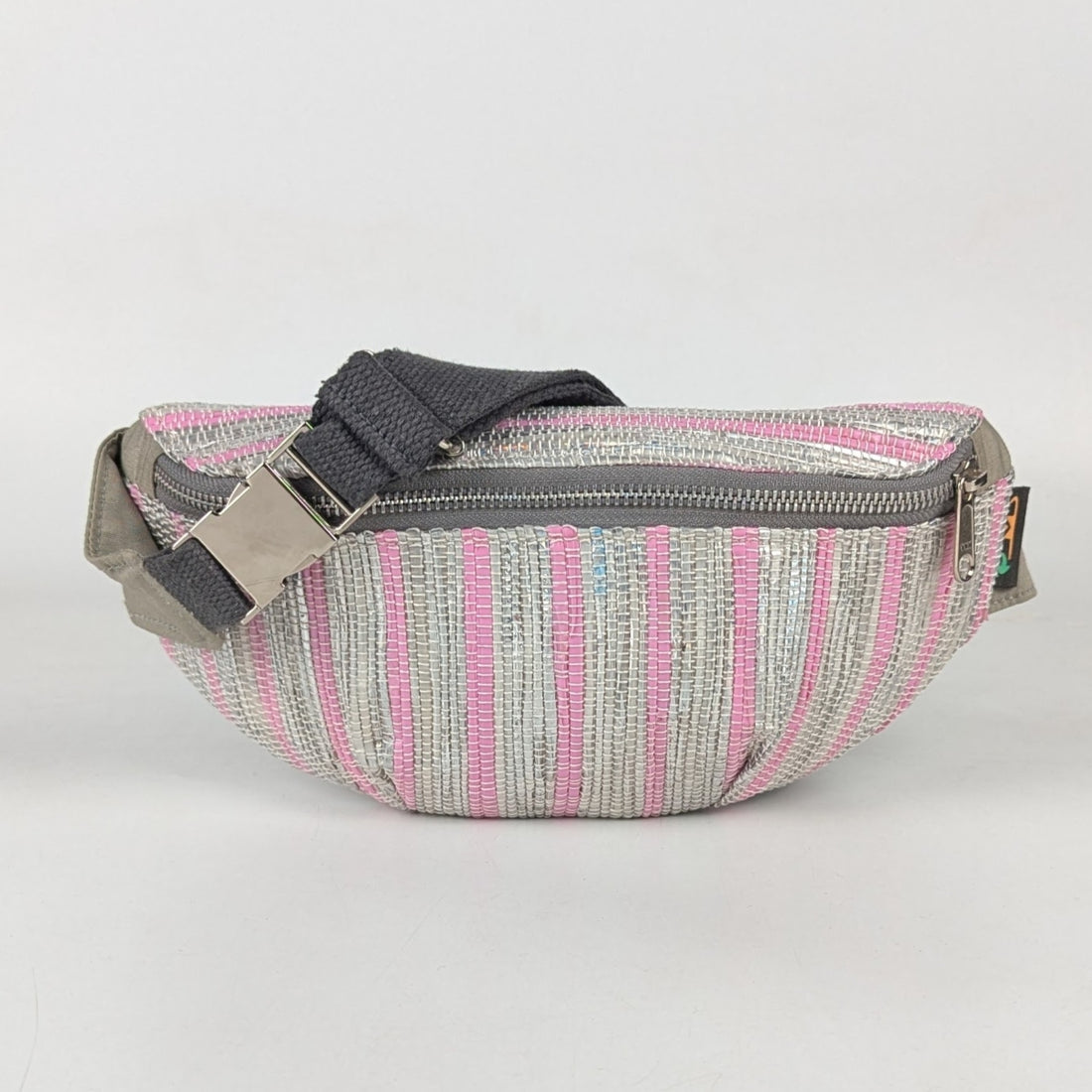 Silver Shimmery Pink Striped Upcycled Handwoven Fanny Pack (FP1224-013) PS_W