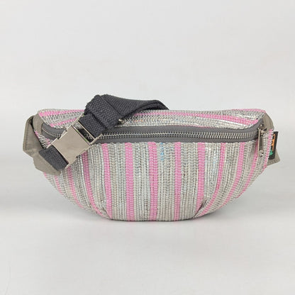 Silver Shimmery Pink Striped Upcycled Handwoven Fanny Pack (FP1224-013) PS_W